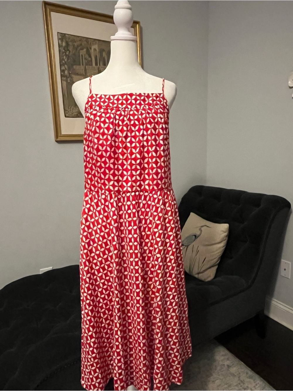 LOFT Red and White Geometric Spaghetti-Strap Midi Sun Dress - Perfect for July 4